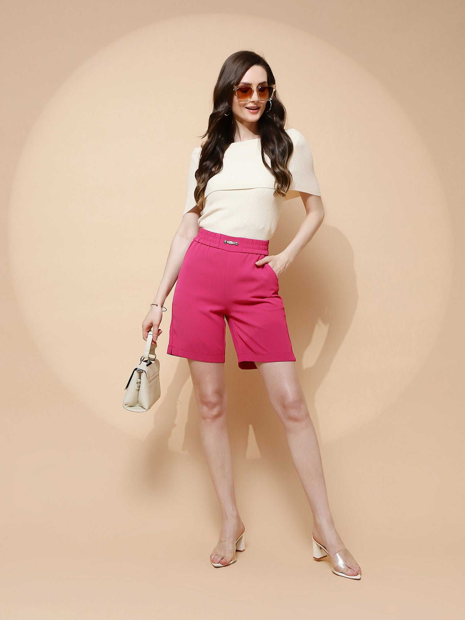 Hot Pink Poly Twill Relaxed Fit Shorts For Women