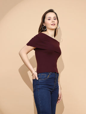 Wine Polyester Blend Regular Fit Top For Women