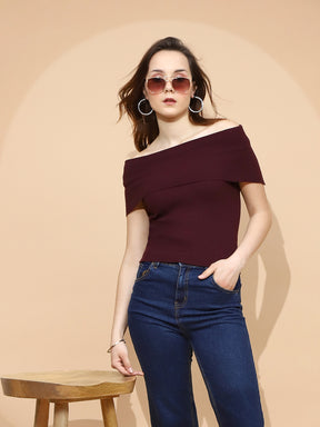 Wine Polyester Blend Regular Fit Top For Women