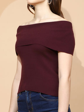 Wine Polyester Blend Regular Fit Top For Women