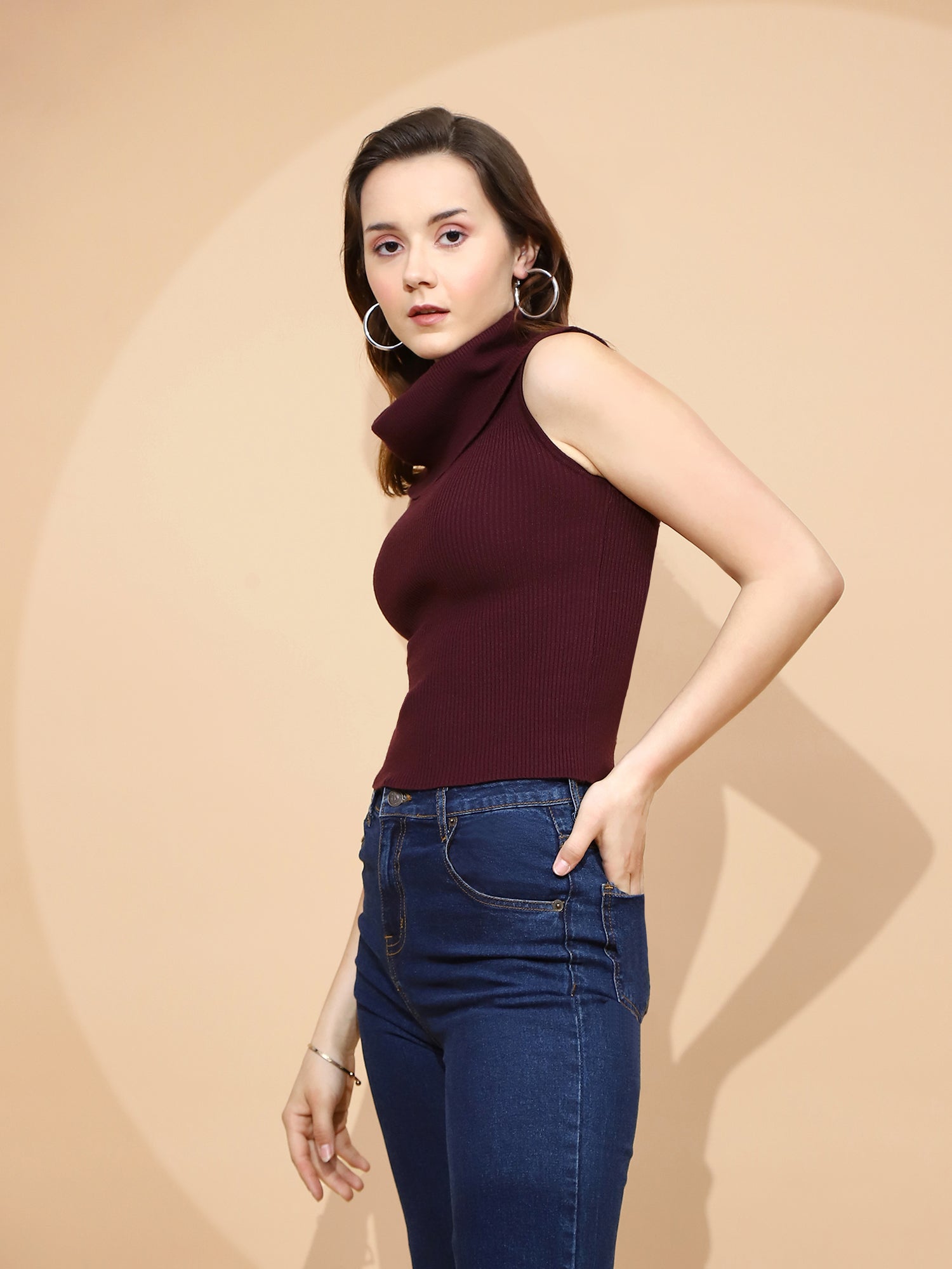 Wine Polyester Blend Regular Fit Top For Women