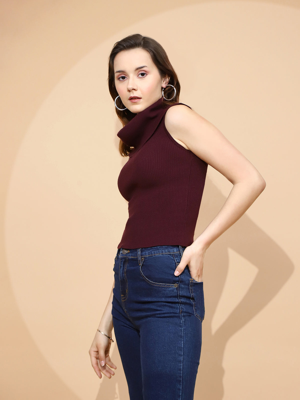 Wine Polyester Blend Skivvy Top