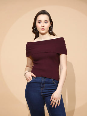 Wine Polyester Blend Regular Fit Top For Women