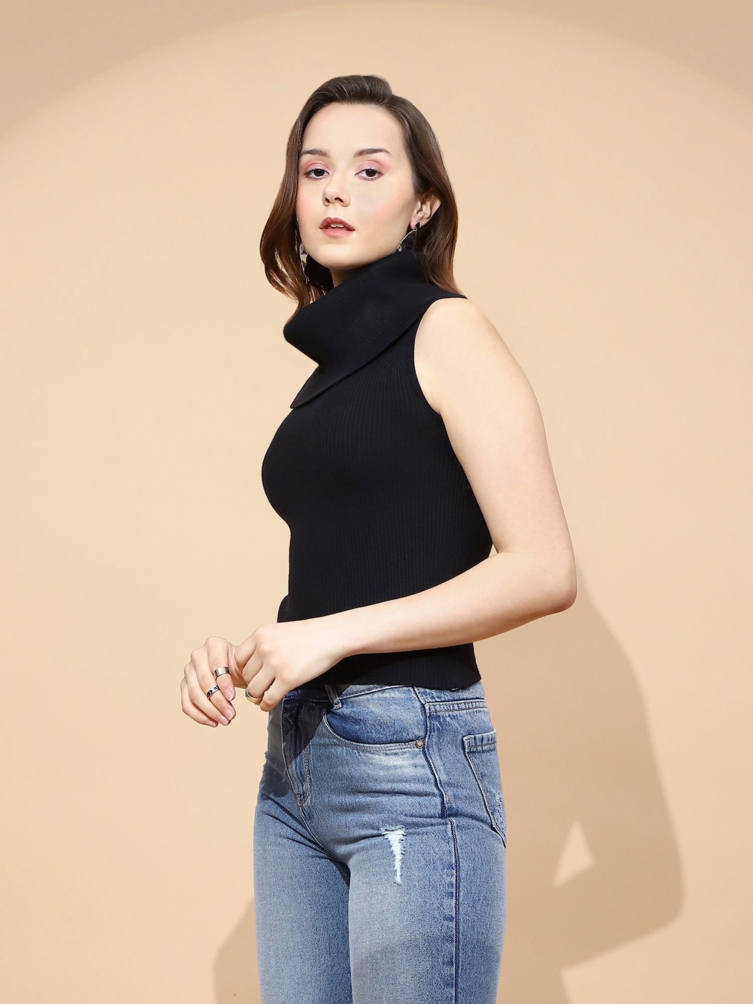 Black Polyester Blend Skivvy Top