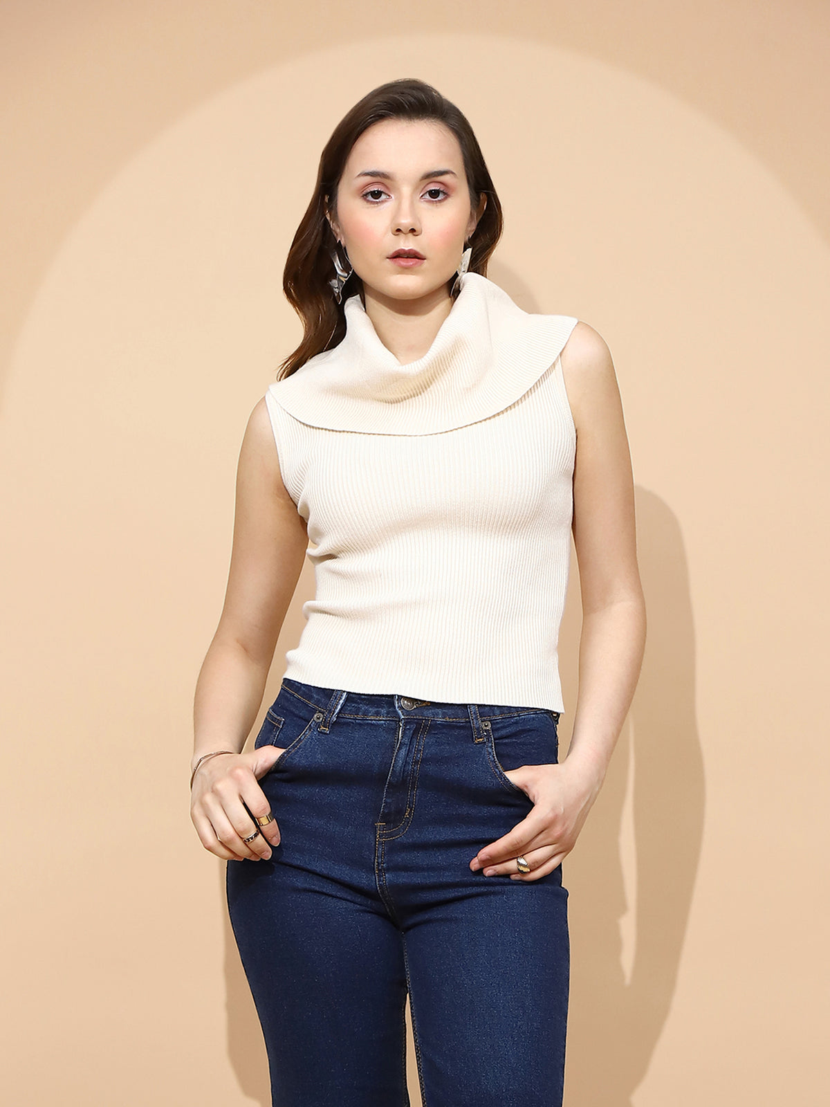 Off White Polyester Blend Skivvy Top