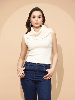 Off White Polyester Blend Skivvy Top