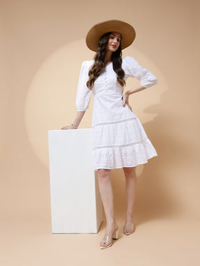 White Cotton Schiffli Flared Dress For Women