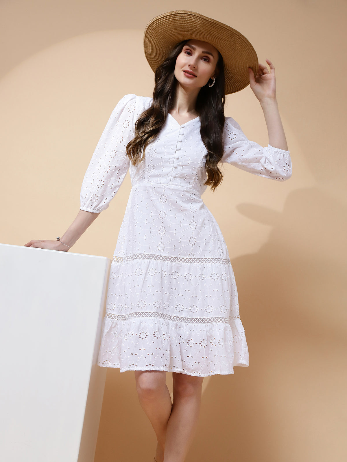 White Cotton Schiffli Flared Dress For Women