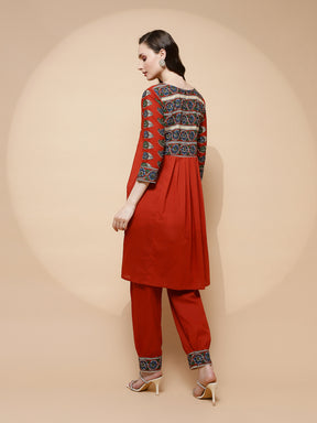 Rust Cotton Blend Loose Fit Tunic Set For Women