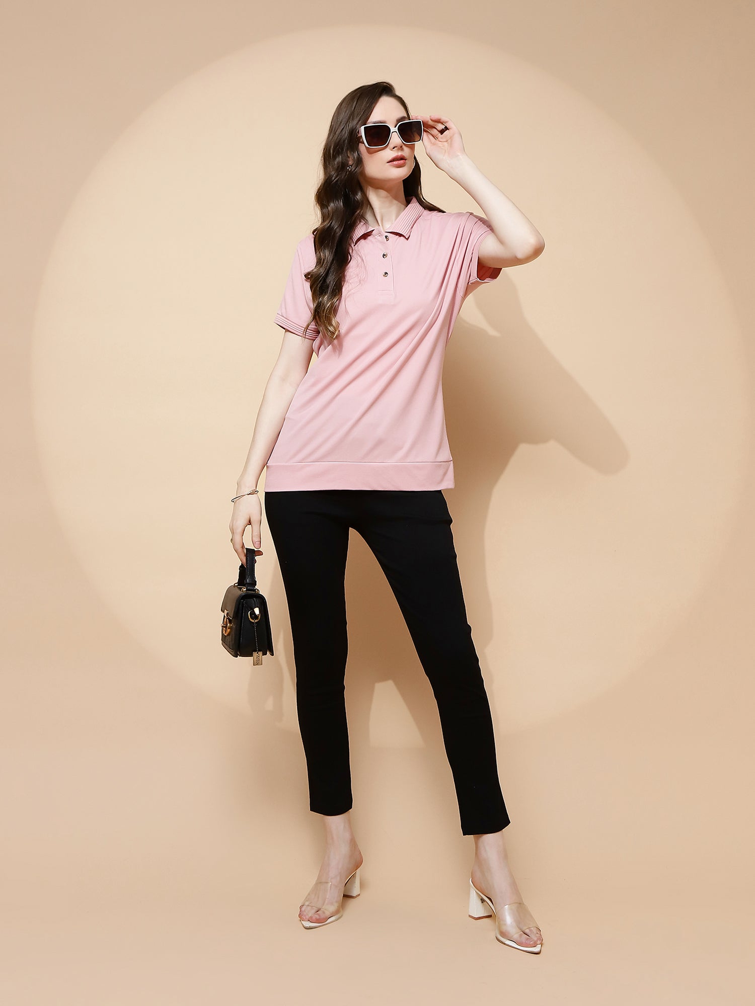 Light Peach Rayon Blend Regular Fit T-Shirt For Women