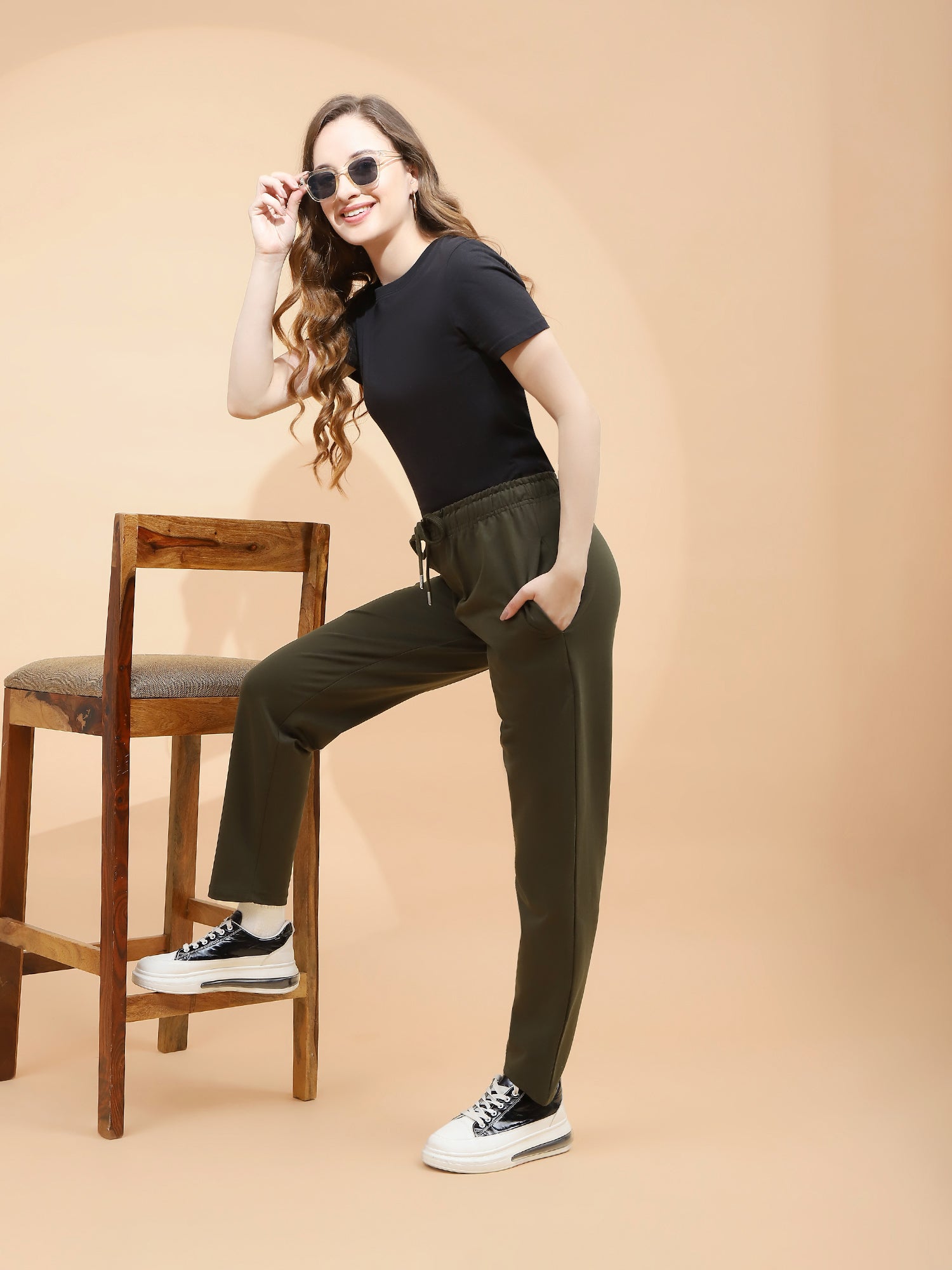 Olive Green Cotton Blend Regular Fit Lower For Women