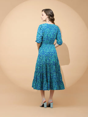 Blue And Green Polyester Blend Fit & Flare Dress For Women