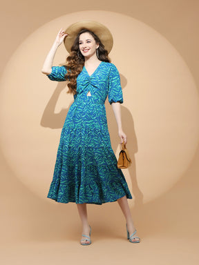 Blue And Green Polyester Blend Fit & Flare Dress For Women