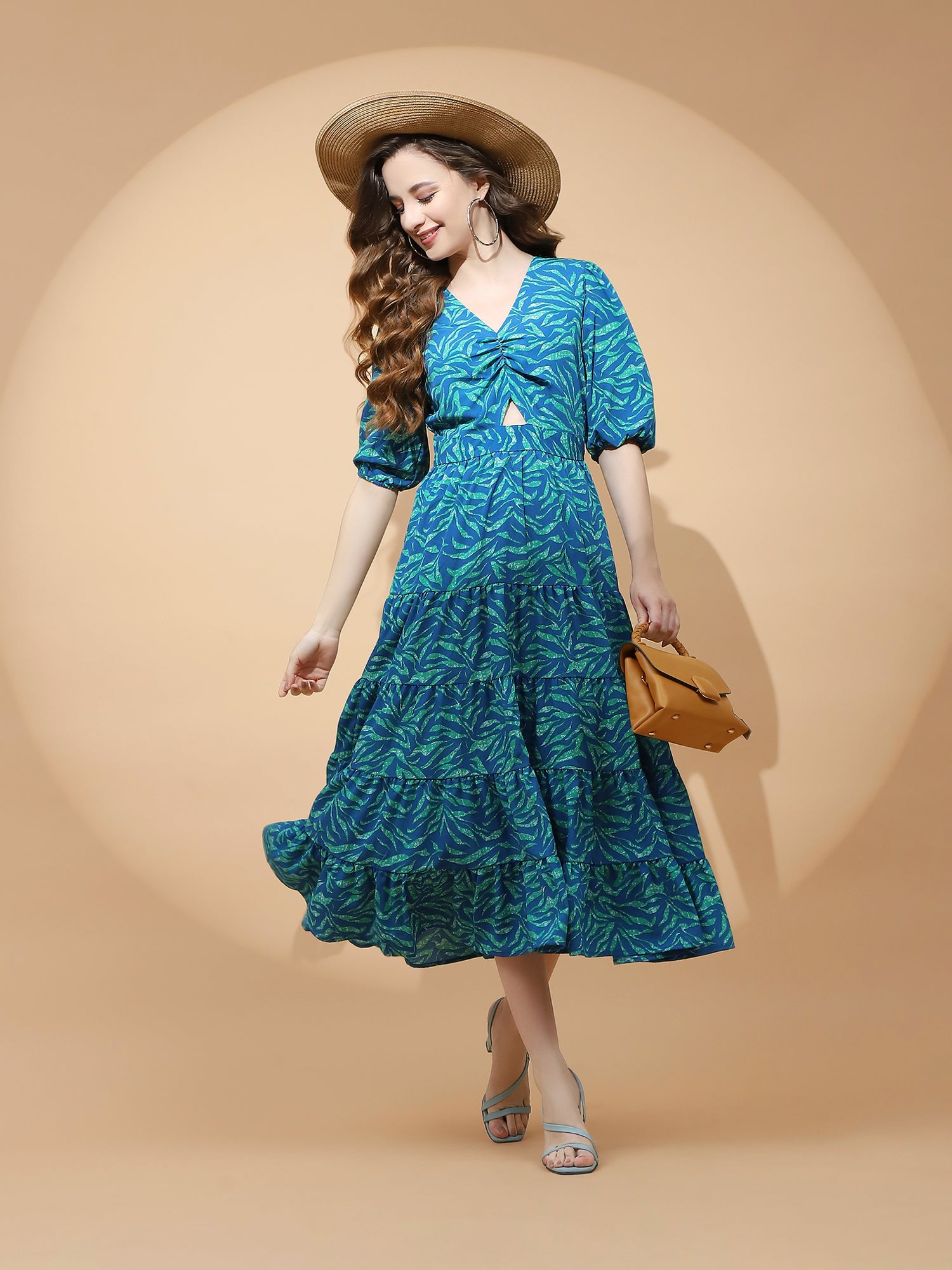 Blue And Green Polyester Blend Fit & Flare Dress For Women