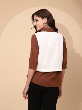 White and Red Cotton Regular Fit Waist Coat For Women