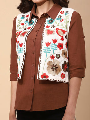 White and Red Cotton Regular Fit Waist Coat For Women