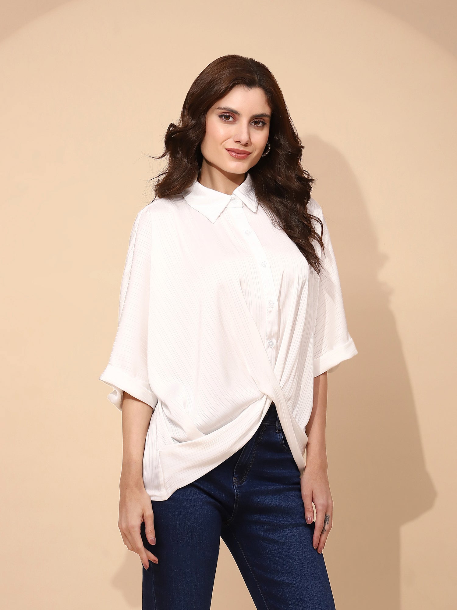 White Polyester Blend Regular Fit Blouson Top For Women