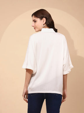 White Polyester Blend Regular Fit Blouson Top For Women