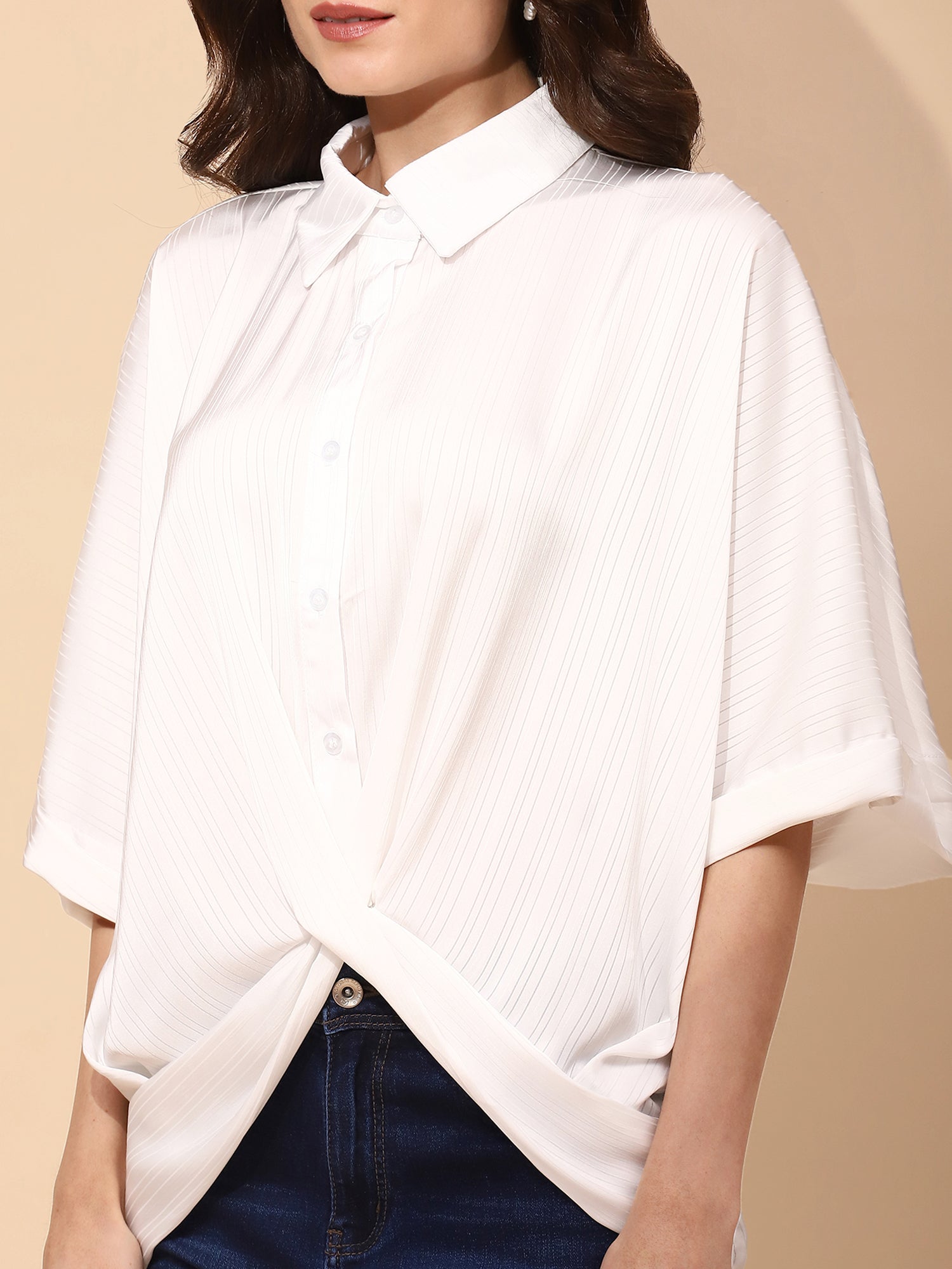 White Polyester Blend Regular Fit Blouson Top For Women