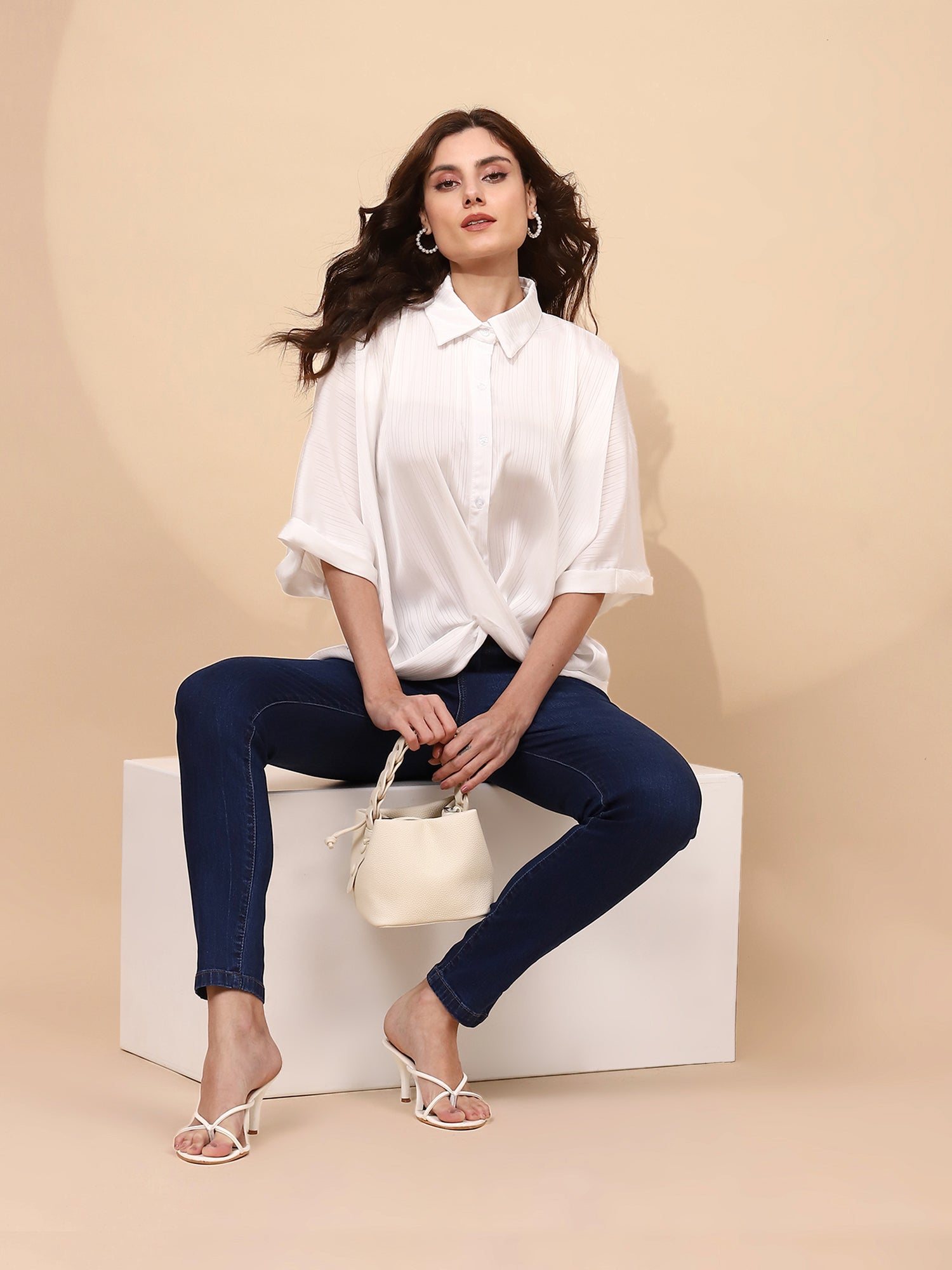 White Polyester Blend Regular Fit Blouson Top For Women