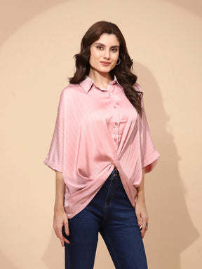 Pink Polyester Blend Loose Fit Blouson Top For Women