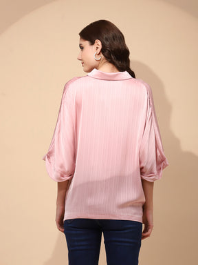 Pink Polyester Blend Loose Fit Blouson Top For Women