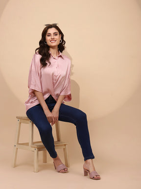 Pink Polyester Blend Regular Fit Blouson Top For Women