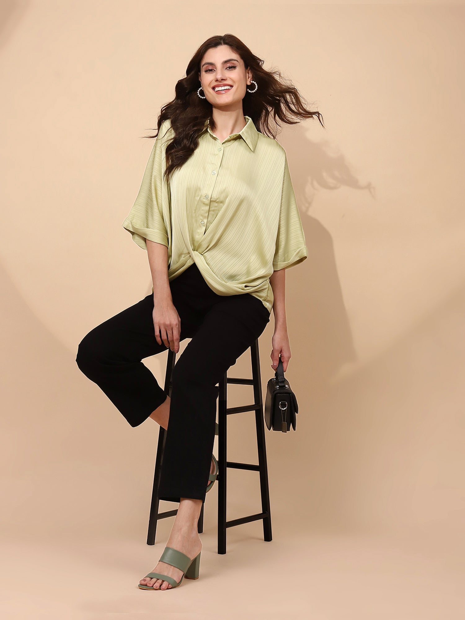 Leaf Green Polyester Blend Loose Fit Blouson Top For Women