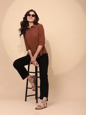 Brown Cotton Regular Fit Shirt For Women