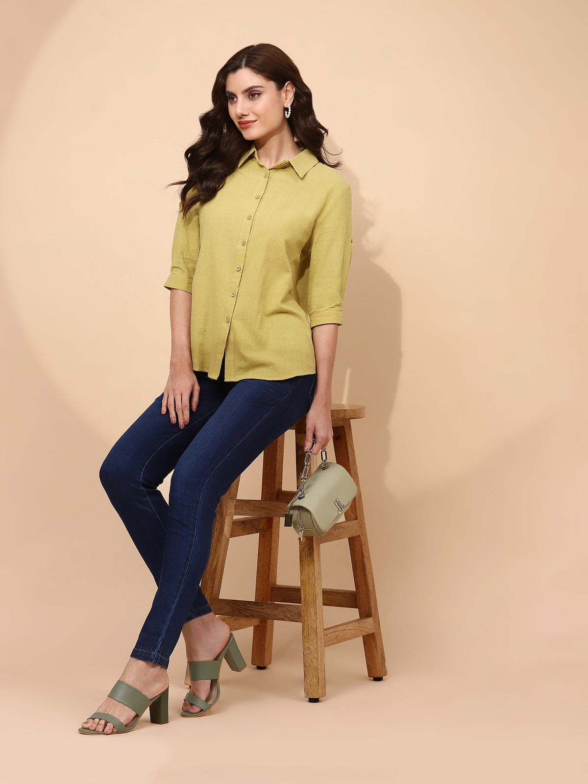 Light Olive Cotton Regular Fit Shirt For Women