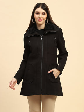 Black Solid Poly Blend Relaxed Fit Coat