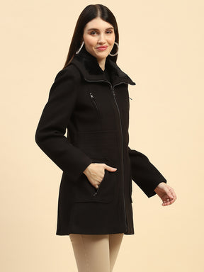 Black Solid Poly Blend Relaxed Fit Coat