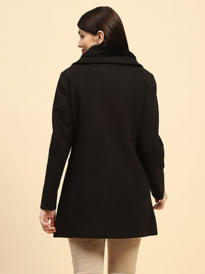 Black Solid Poly Blend Relaxed Fit Coat