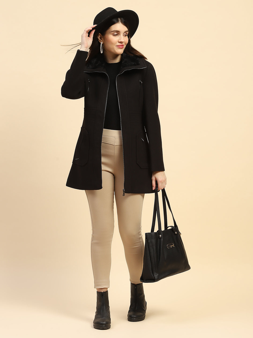 Black Solid Poly Blend Relaxed Fit Coat