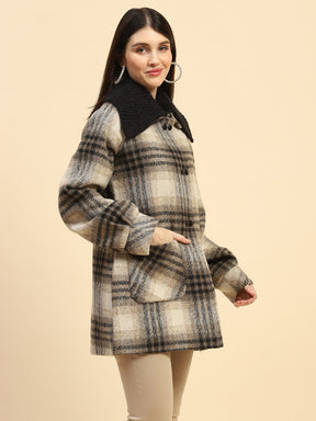 Grey Checkerd Poly Blend Relaxed Fit Coat