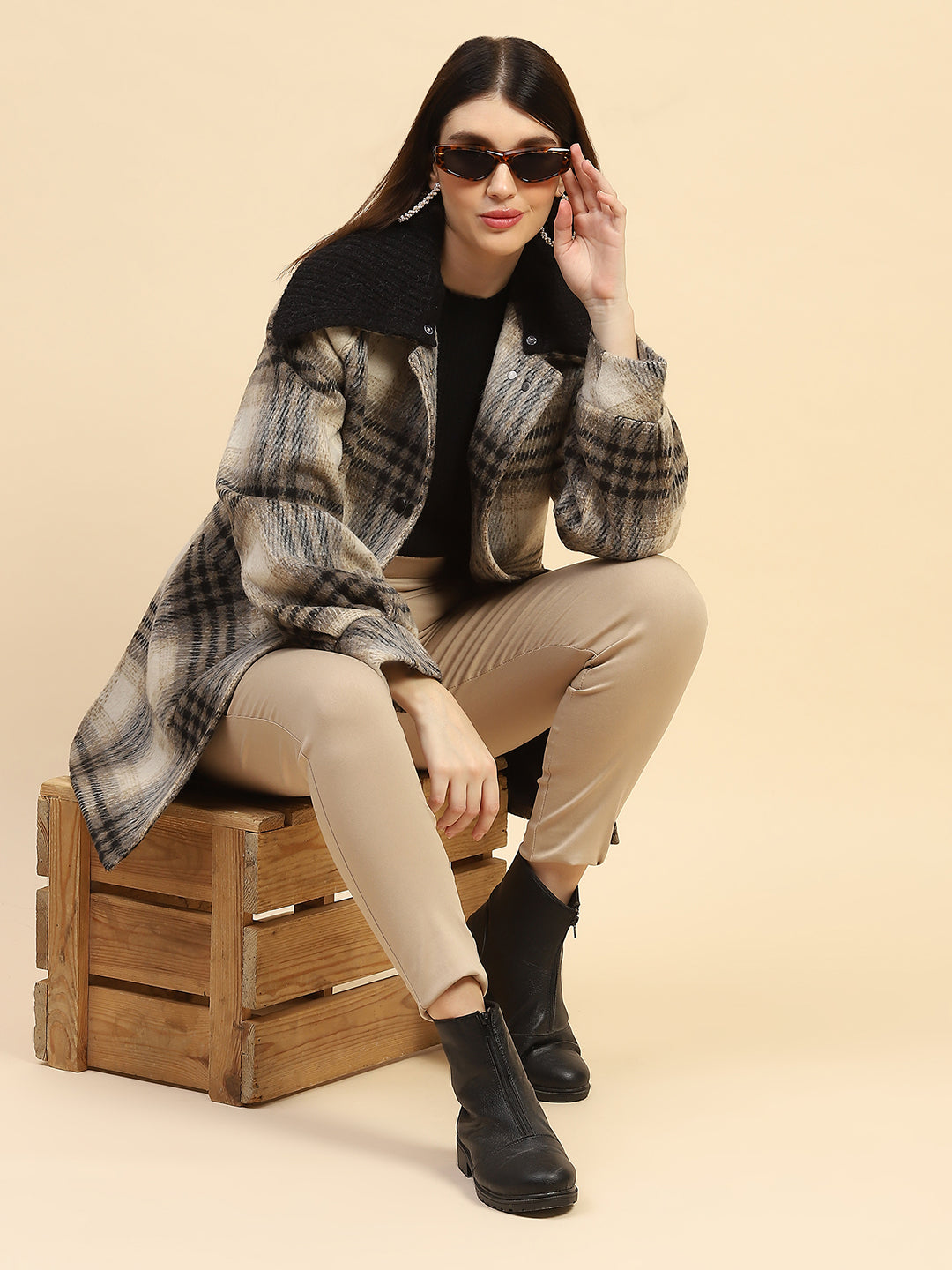 Grey Checkerd Poly Blend Relaxed Fit Coat