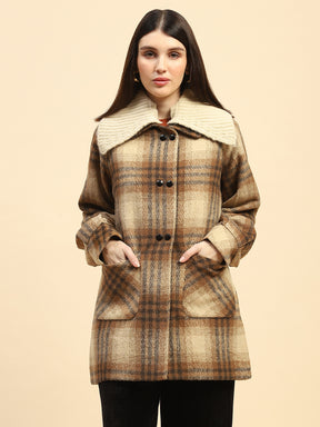 Brown Checkerd Poly Blend Relaxed Fit Coat