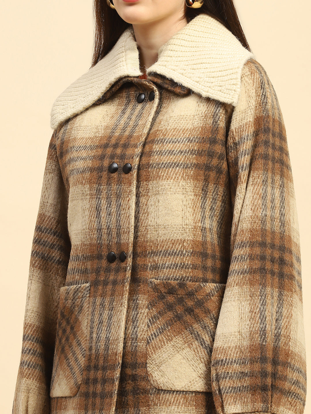 Brown Checkerd Poly Blend Relaxed Fit Coat