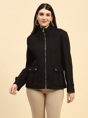 Black Solid Poly Blend Relaxed Fit Jacket