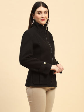 Black Solid Poly Blend Relaxed Fit Jacket