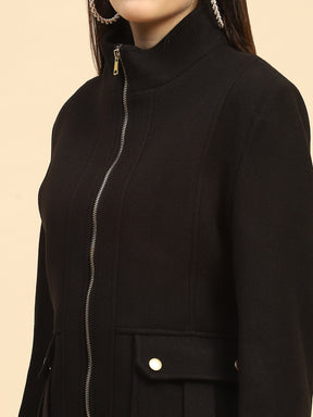 Black Solid Poly Blend Relaxed Fit Jacket