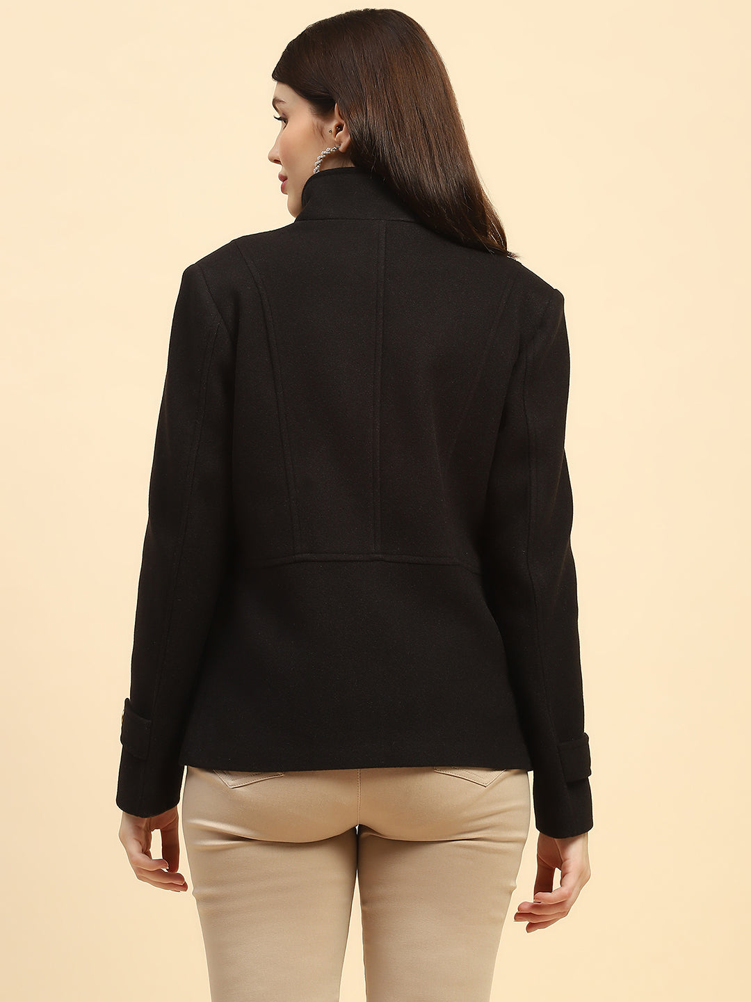 Black Solid Poly Blend Relaxed Fit Jacket