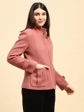 Onion Pink Solid Poly Blend Relaxed Fit Jacket