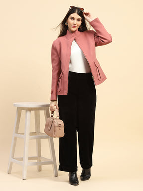 Onion Pink Solid Poly Blend Relaxed Fit Jacket