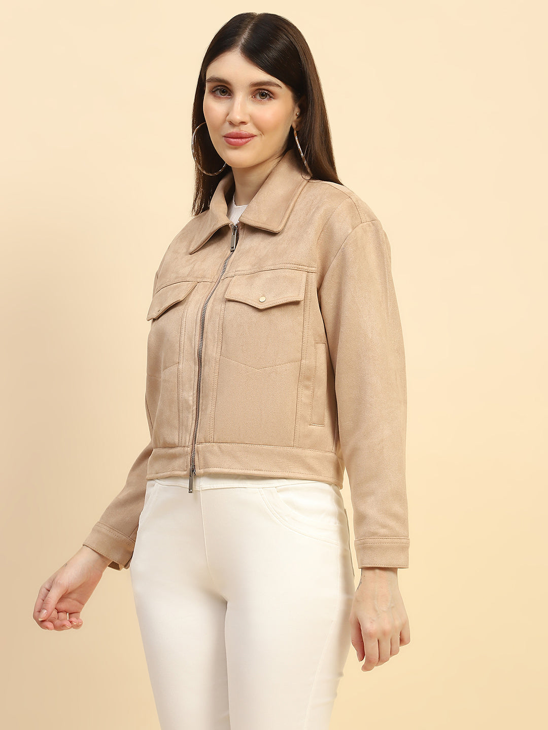 Beige Solid Suede Relaxed Fit Jacket