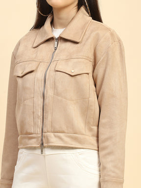 Beige Solid Suede Relaxed Fit Jacket