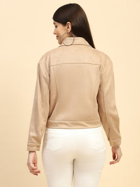 Beige Solid Suede Relaxed Fit Jacket