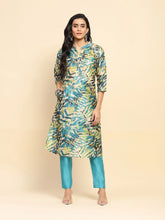 Turquoise Poly Silk Regular Fit Long Tunic Set For Women