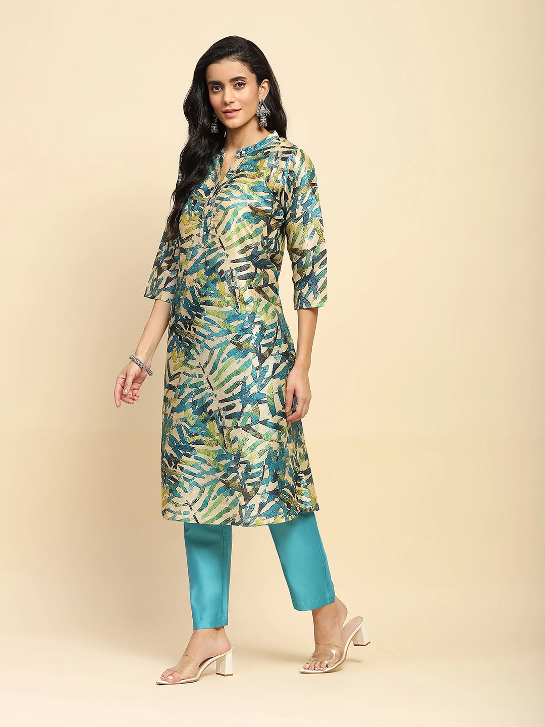 Turquoise Poly Silk Regular Fit Long Tunic Set For Women