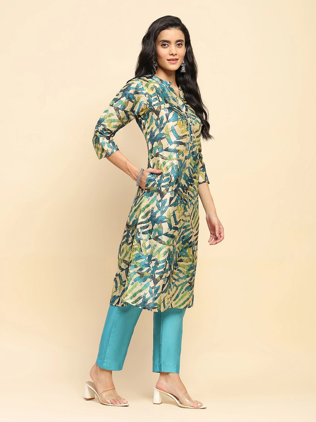 Turquoise Poly Silk Regular Fit Long Tunic Set For Women